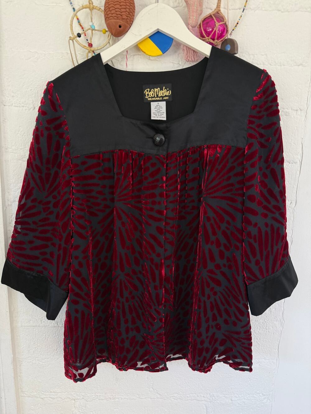 Bob Mackie Wearable Art Black Burgundy Burnout Velvet Jacket Top Small